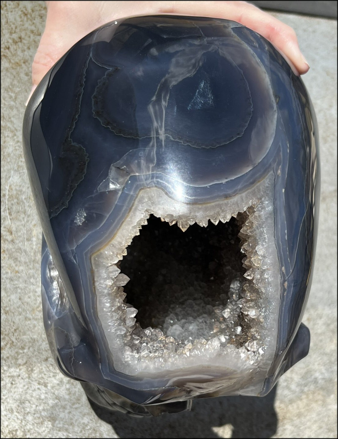 HUGE Agate Geode Crystal Skull with Fantastic Druzy crystals, Dendritic inclusions - 14lbs+8 3/4