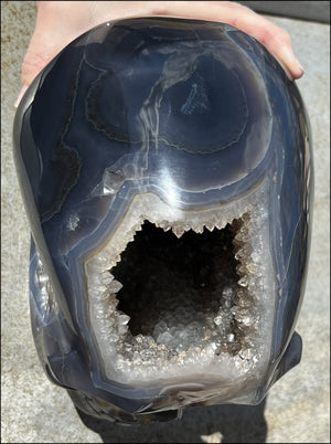 HUGE Agate Geode Crystal Skull with Fantastic Druzy crystals, Dendritic inclusions - 14lbs+8 3/4