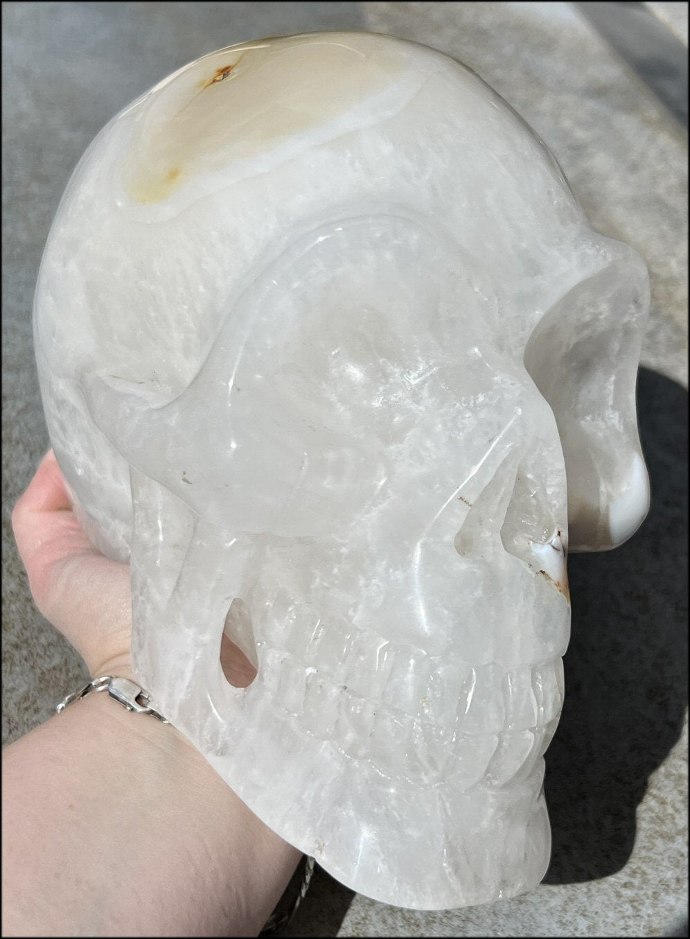 Agate GEODE Crystal Skull with Bi-Colored Dendritic inclusions, Beautiful crystalline "windows"