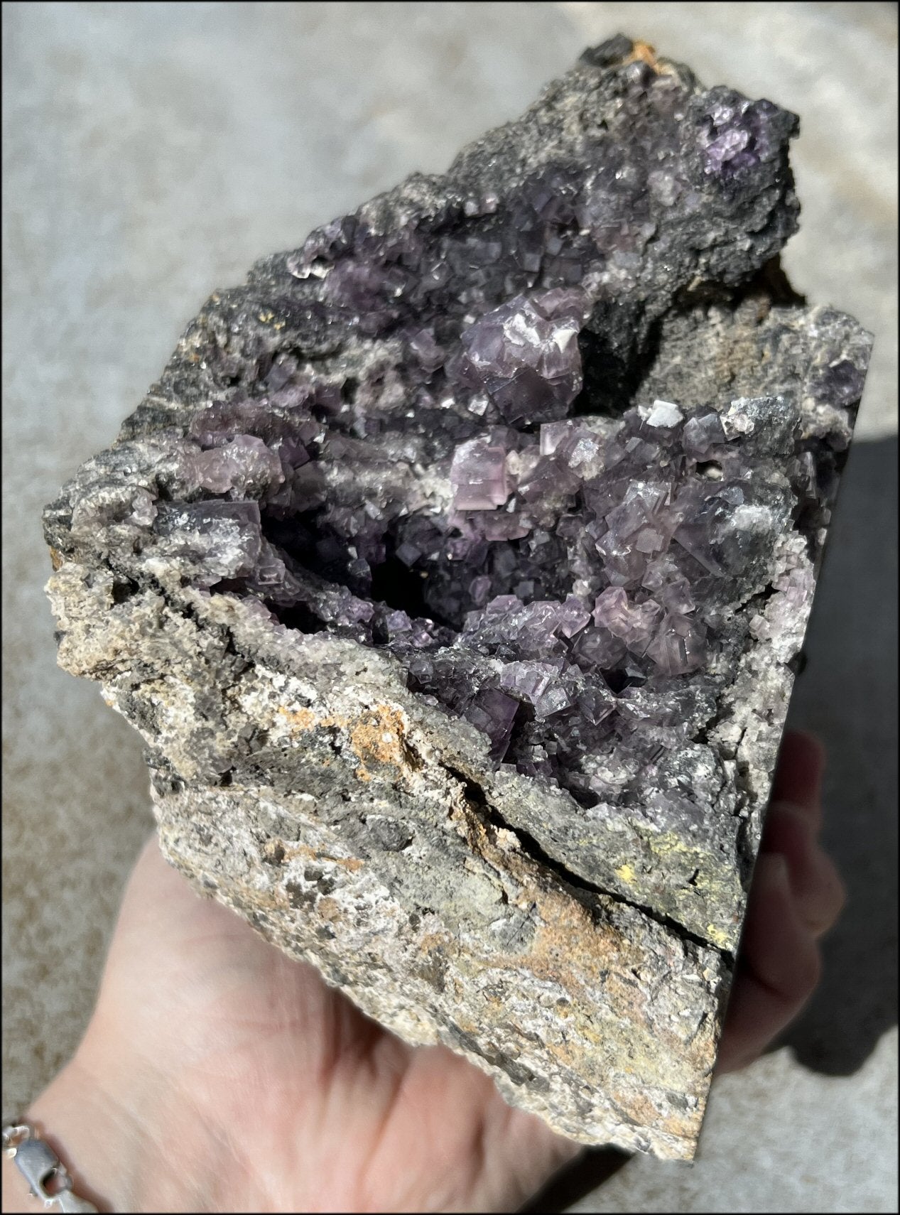 Limestone + Cubic Purple FLUORITE Metamorphosis Crystal Skull with Mesmerizing Vugs - Just over 6lbs