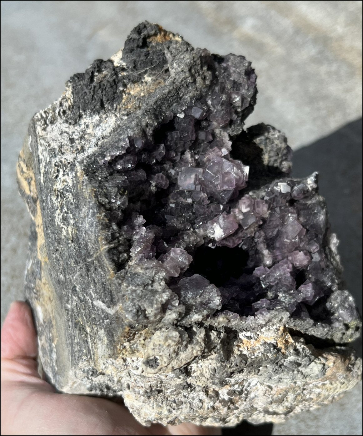 Limestone + Cubic Purple FLUORITE Metamorphosis Crystal Skull with Mesmerizing Vugs - Just over 6lbs