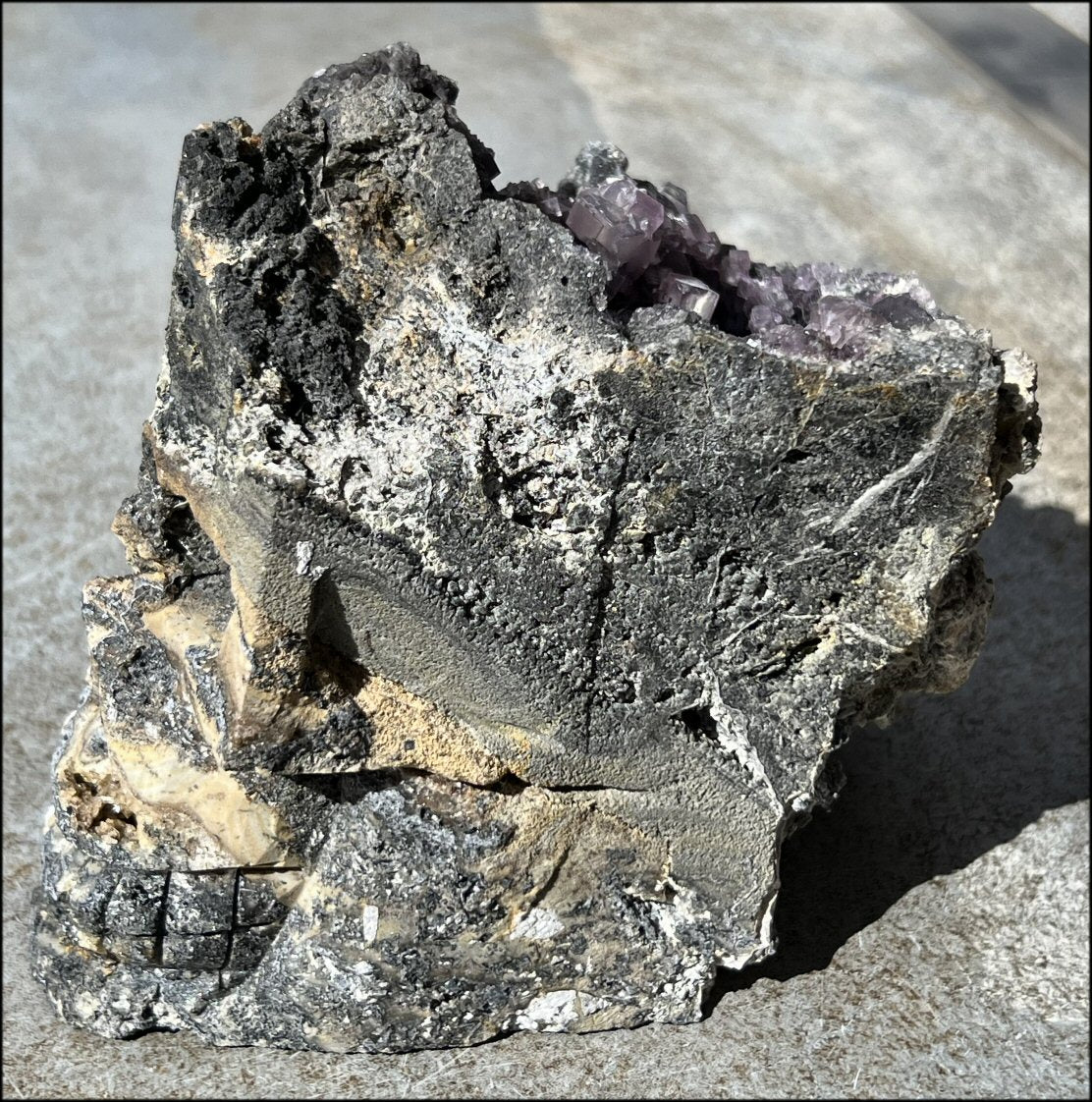 Limestone + Cubic Purple FLUORITE Metamorphosis Crystal Skull with Mesmerizing Vugs - Just over 6lbs