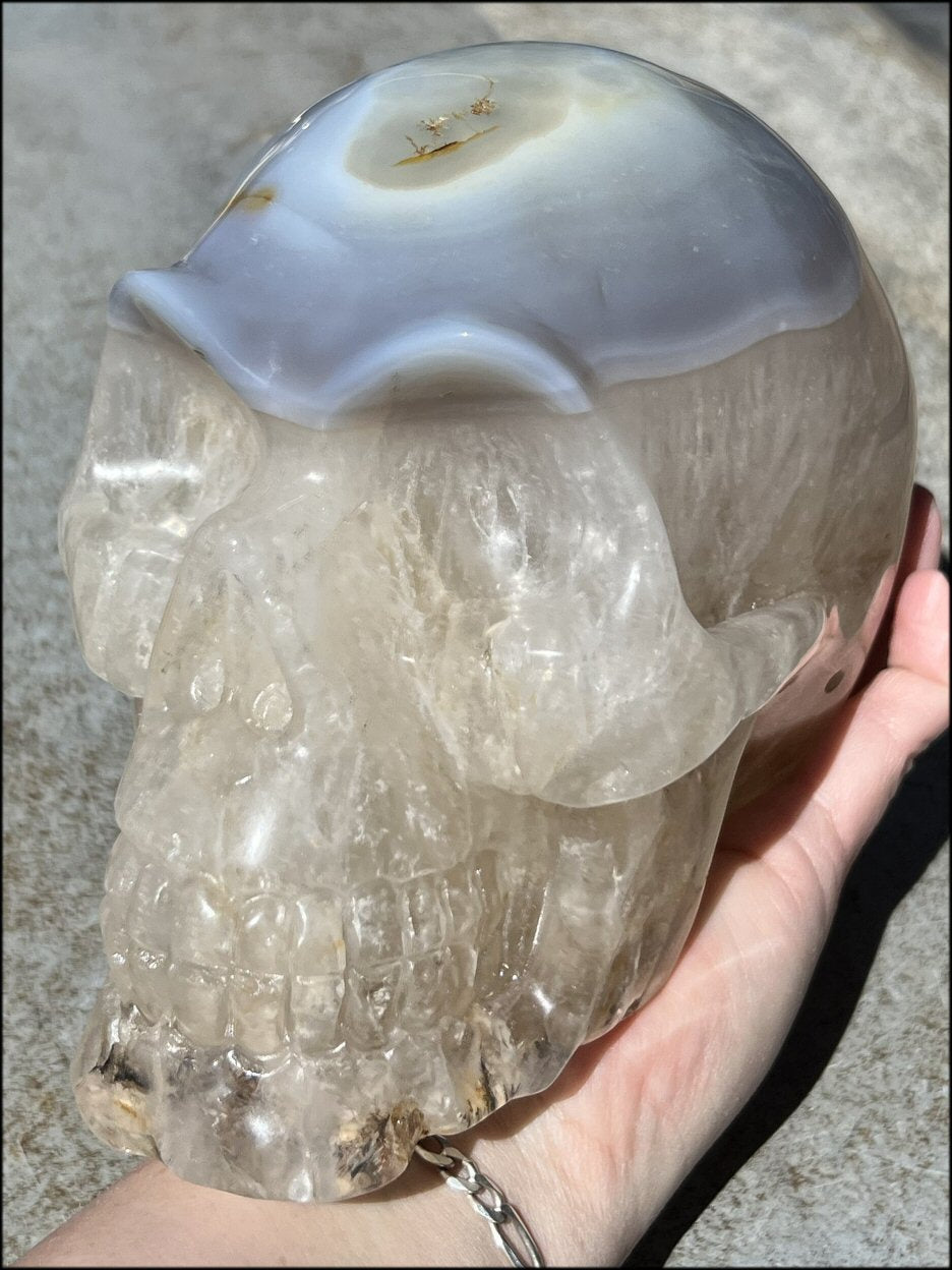 LifeSize Agate GEODE Crystal Skull with Hematite, Dendritic inclusions, Mesmerizing Crystalline formations