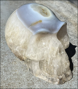 LifeSize Agate GEODE Crystal Skull with Hematite, Dendritic inclusions, Mesmerizing Crystalline formations