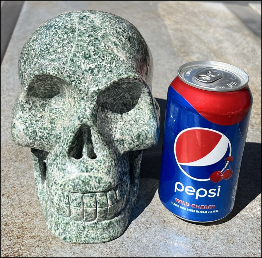 LifeSize Speckled JADE Crystal Skull - Serenity, Heart Chakra work - 13lbs+