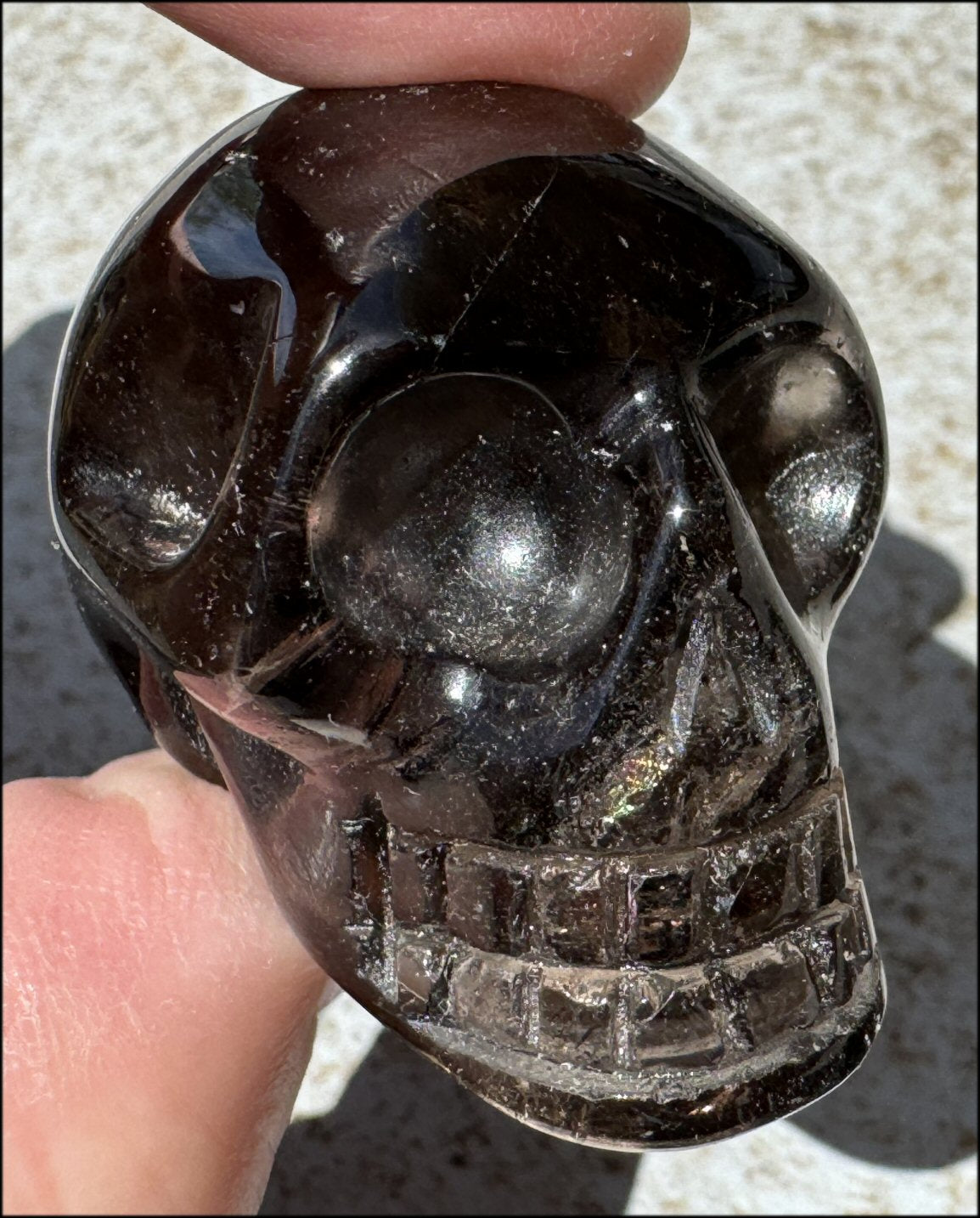 DARK Smoky Quartz Crystal Skull with Hematite inclusions - Dissolve negativity