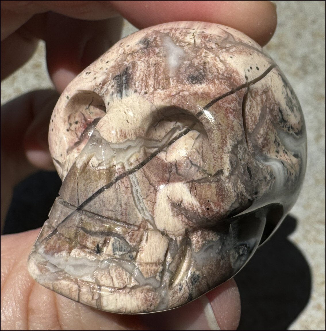 PINK Silver Leaf Jasper Crystal Skull with lots of Agate - Courage, Self-Healing