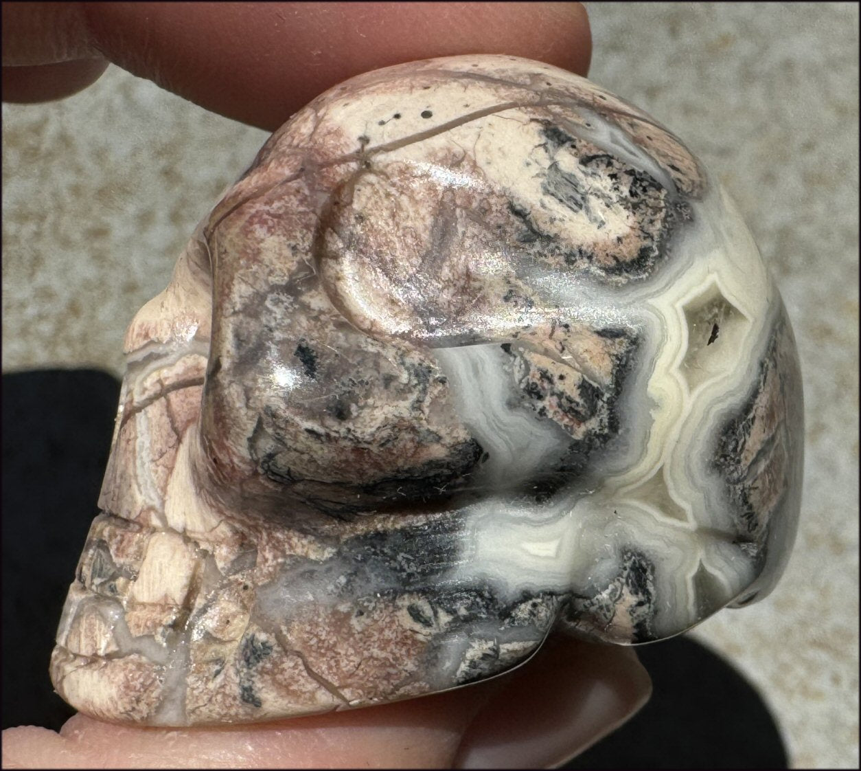 PINK Silver Leaf Jasper Crystal Skull with lots of Agate - Courage, Self-Healing