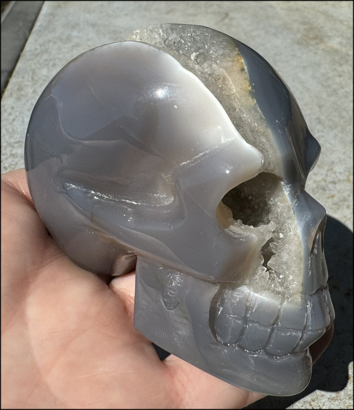 XL Agate GEODE Crystal Skull with Fantastic large Druzy Lined VUG!