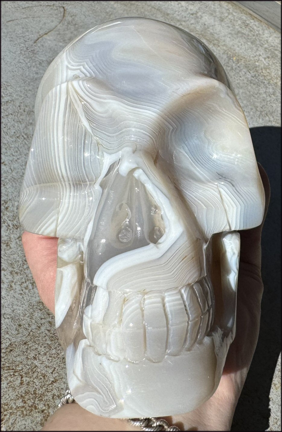 LifeSize Madagascar AGATE Crystal Skull with Fantastic Banding, Bi-Colored Dendritic inclusions