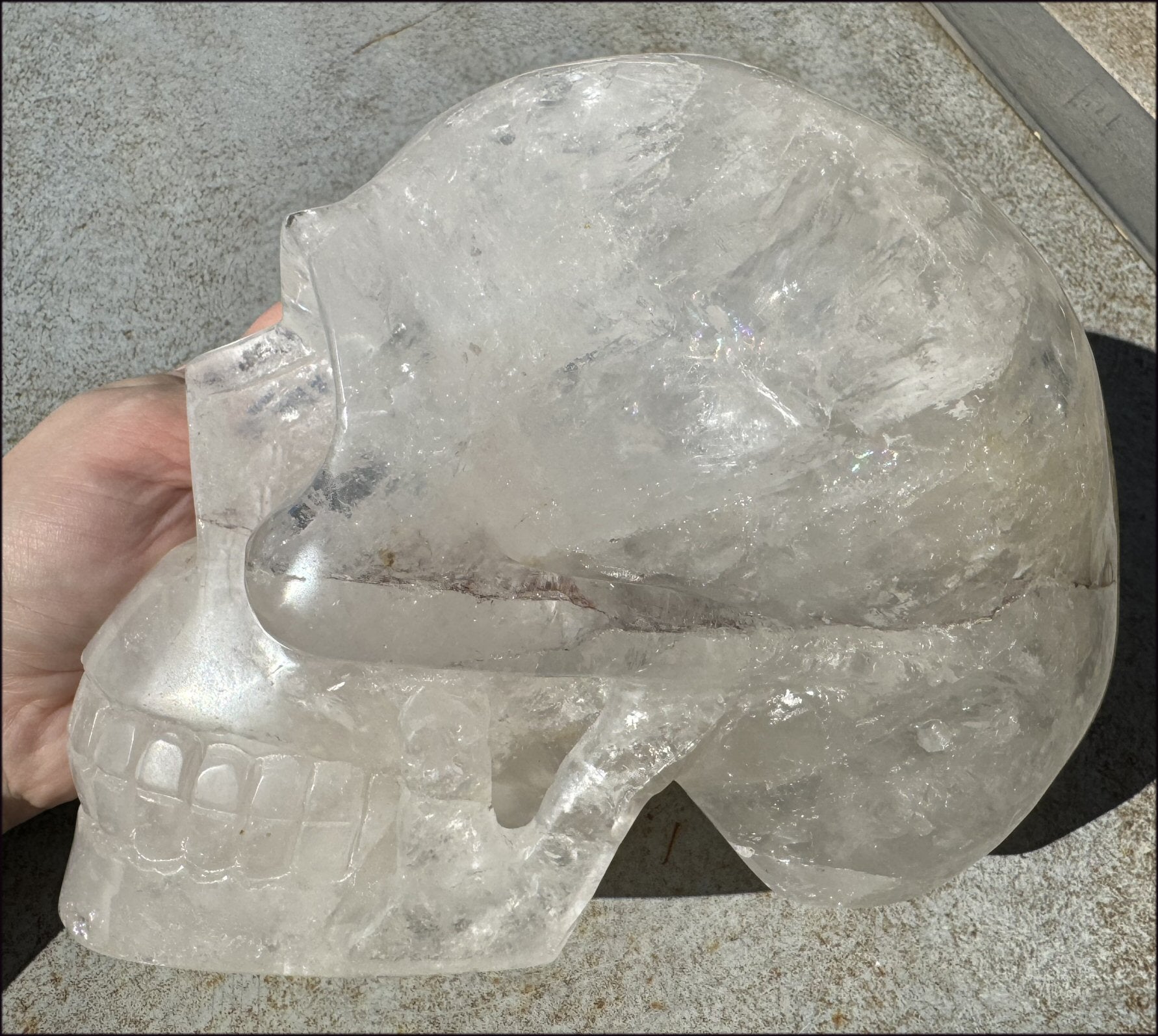 LifeSize Himalayan Quartz Crystal Skull with Multi-Colored Hematite, Shimmery Rainbows - 11lbs+