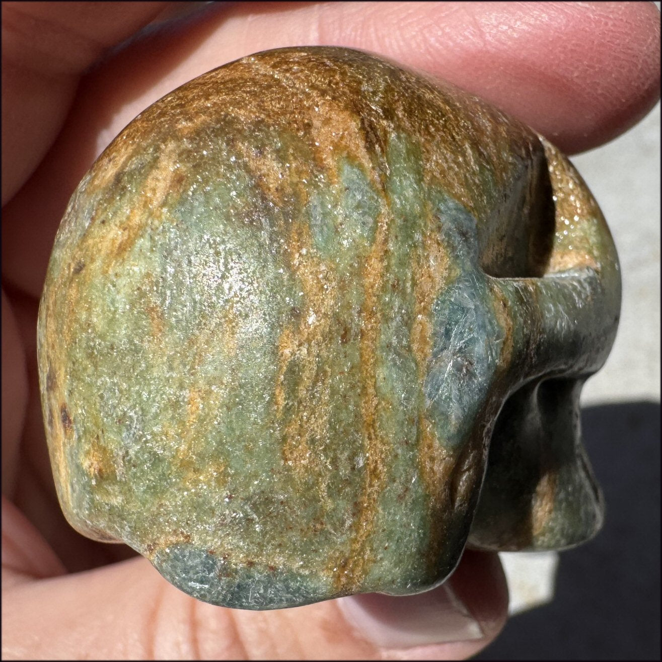 Fluorescent Ruby in Fuchsite CRYSTAL SKULL with Blue Kyanite inclusions