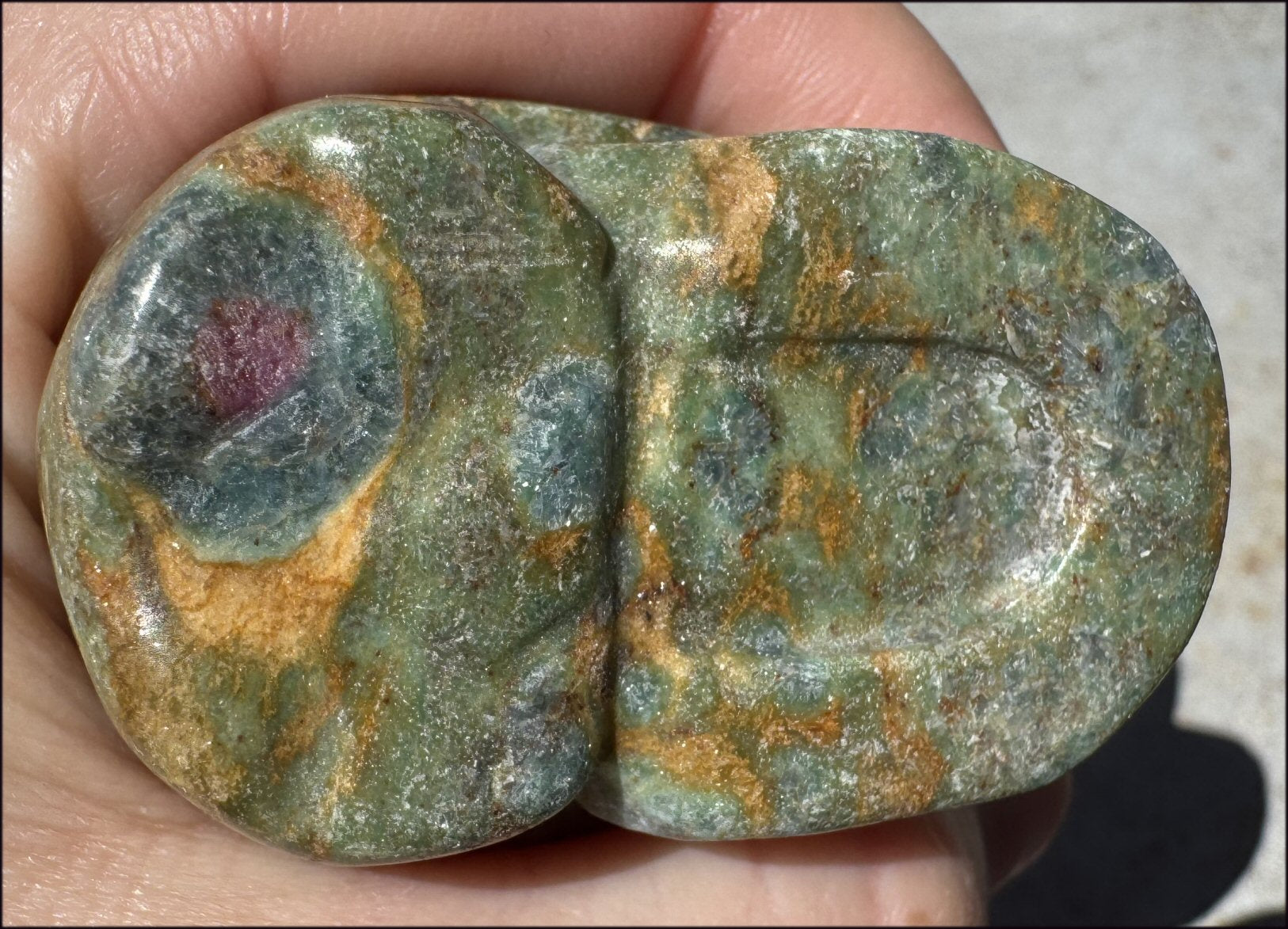 Fluorescent Ruby in Fuchsite CRYSTAL SKULL with Blue Kyanite inclusions