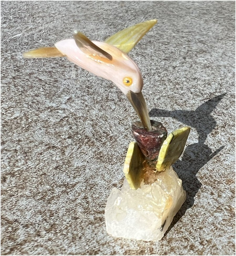 Carved Pink Calcite + Mother of Pearl Miniature HUMMINGBIRD with Flower