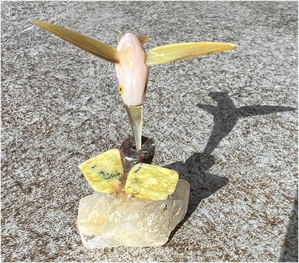 Carved Pink Calcite + Mother of Pearl Miniature HUMMINGBIRD with Flower