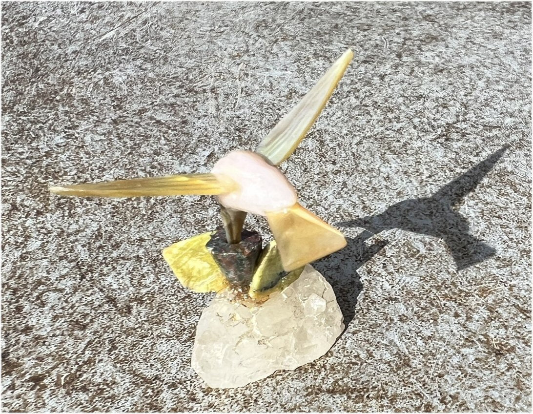 Carved Pink Calcite + Mother of Pearl Miniature HUMMINGBIRD with Flower
