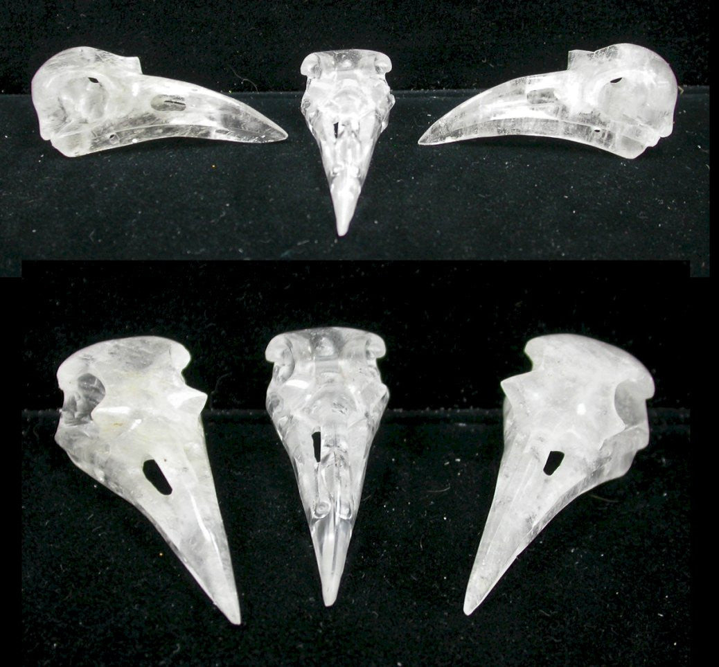 ONE Quartz Crystal RAVEN / BIRD Crystal Skull - Amazing details! Drilled to string for necklace!