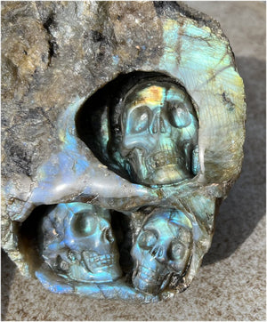 4XL Labradorite Bas Relief TRIPLE CRYSTAL SKULL Carving - Intuition, Work with Nature spirits!