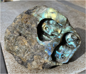 4XL Labradorite Bas Relief TRIPLE CRYSTAL SKULL Carving - Intuition, Work with Nature spirits!