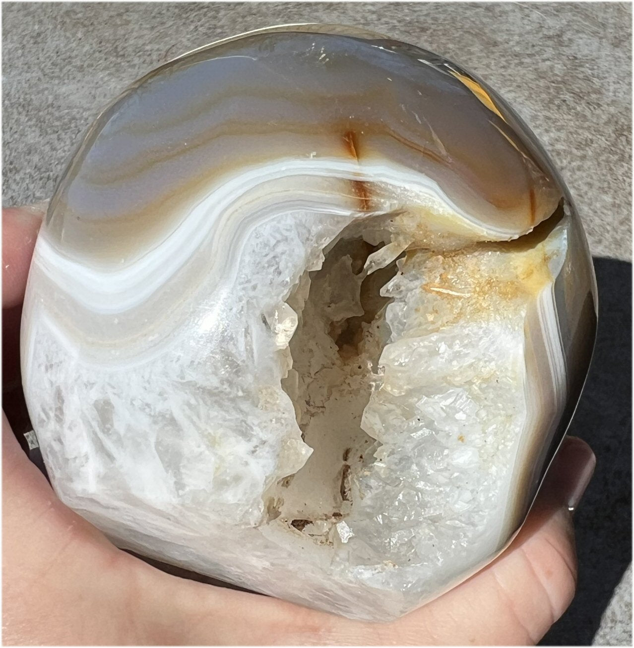 Baby Life-Size Agate GEODE Crystal Skull with BIG Vug, Mesmerizing Banding
