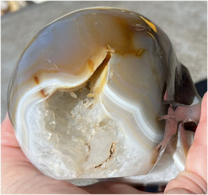 Baby Life-Size Agate GEODE Crystal Skull with BIG Vug, Mesmerizing Banding