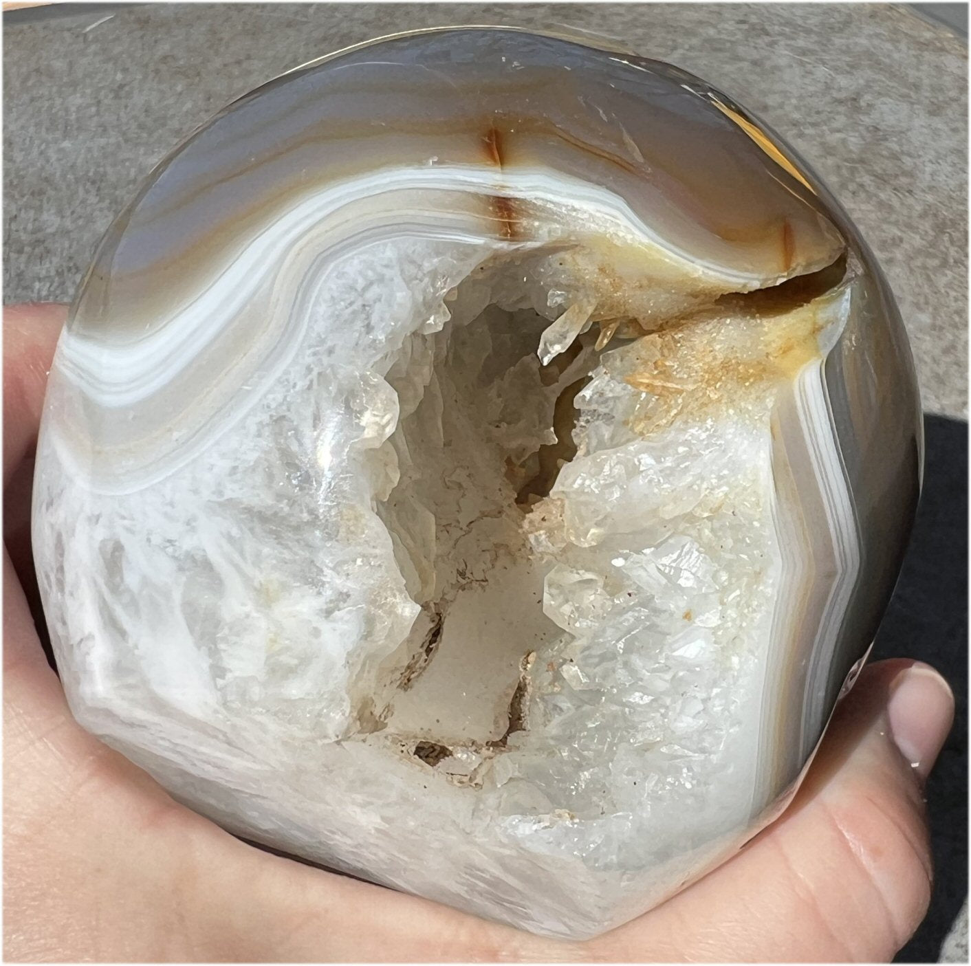 Baby Life-Size Agate GEODE Crystal Skull with BIG Vug, Mesmerizing Banding