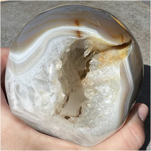 Baby Life-Size Agate GEODE Crystal Skull with BIG Vug, Mesmerizing Banding