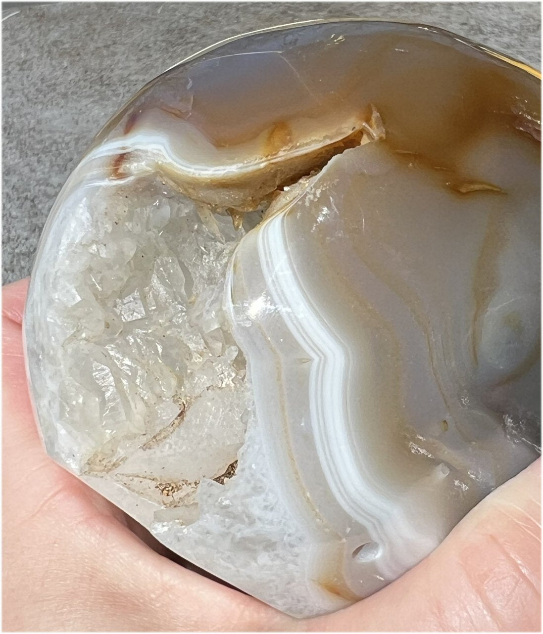 Baby Life-Size Agate GEODE Crystal Skull with BIG Vug, Mesmerizing Banding