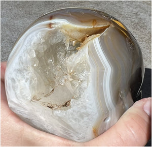 Baby Life-Size Agate GEODE Crystal Skull with BIG Vug, Mesmerizing Banding