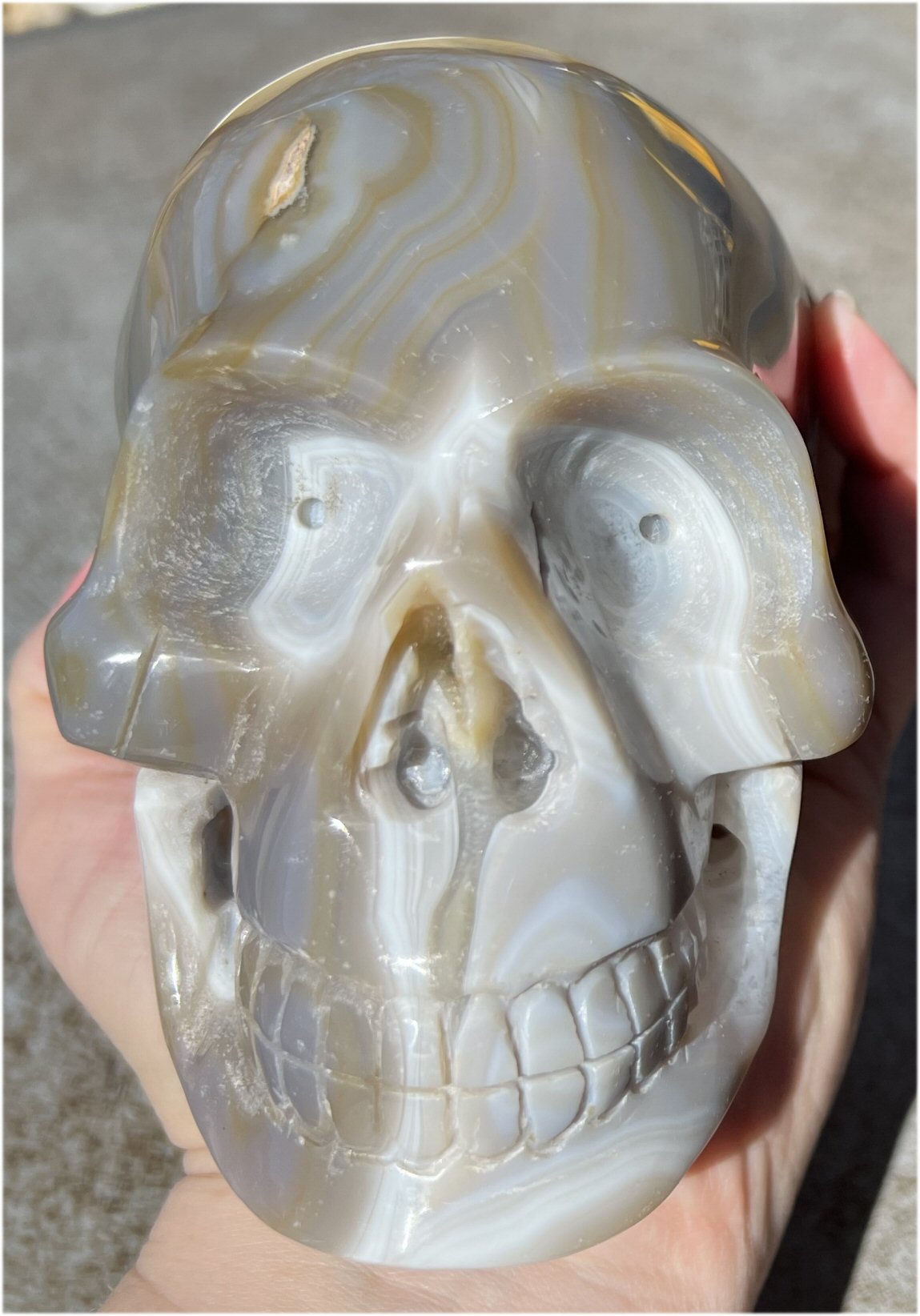 Baby Life-Size Agate GEODE Crystal Skull with BIG Vug, Mesmerizing Banding