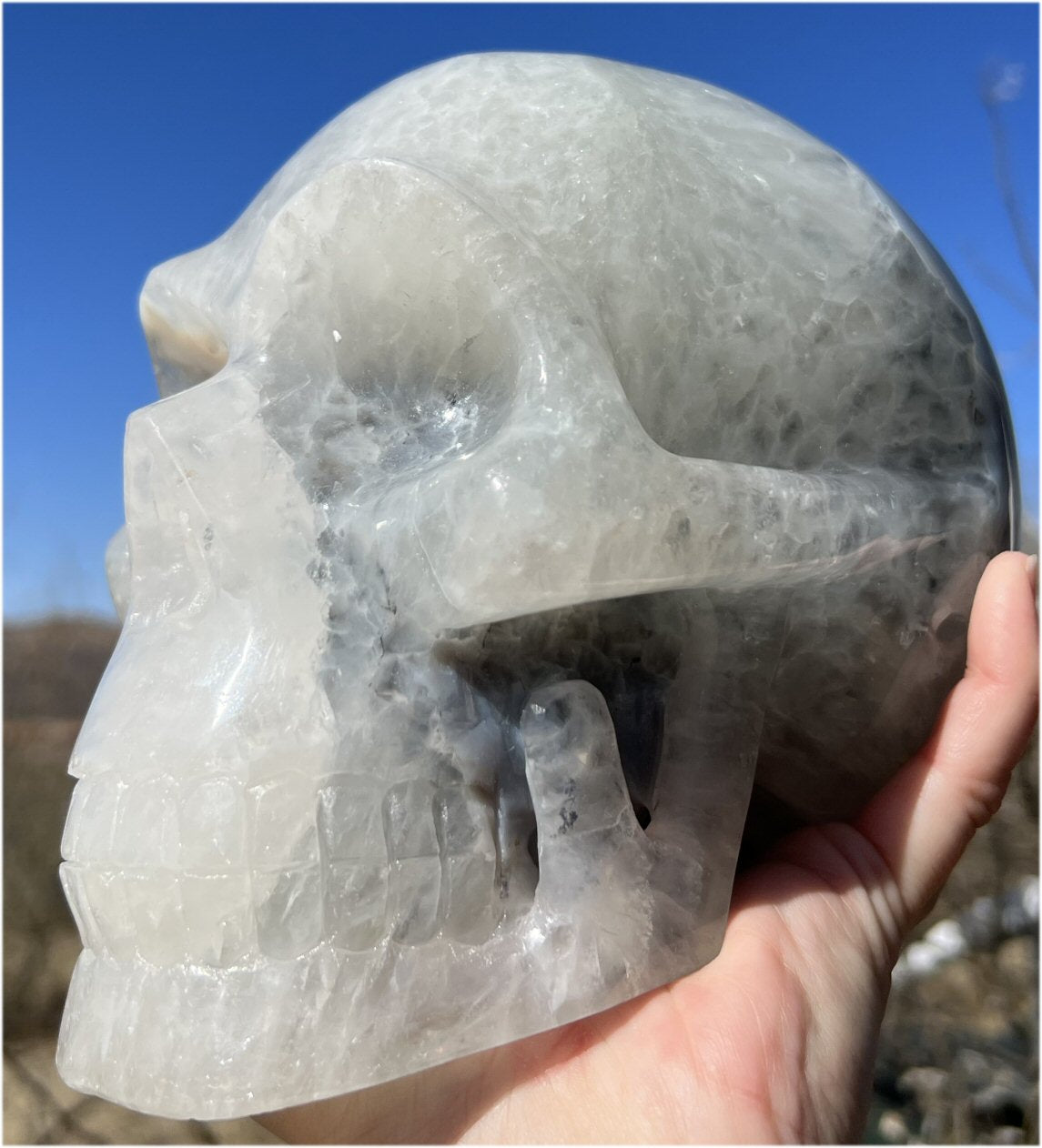 LifeSize Agate GEODE Crystal Skull with Big Druzy Lined VUG, Dendritic inclusions
