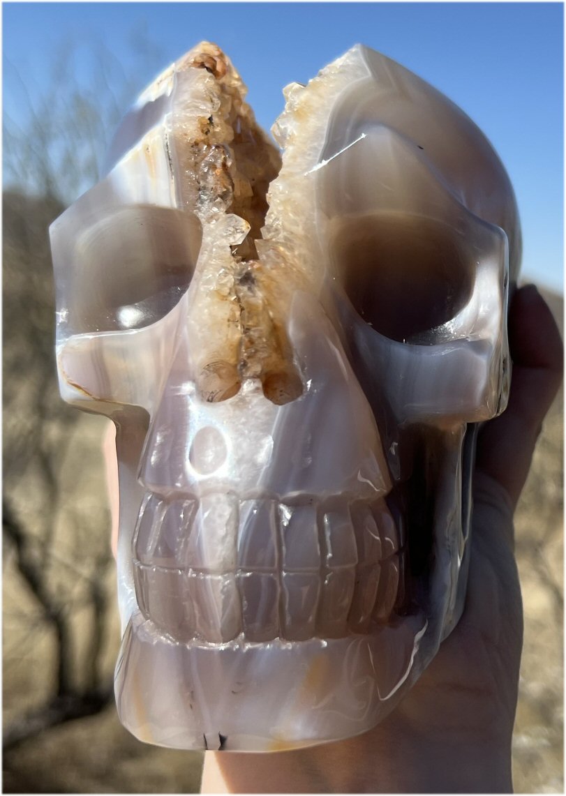 Fabulous Agate GEODE Crystal Skull with Citrine Lined Vug, Hematite, Dendritic inclusions