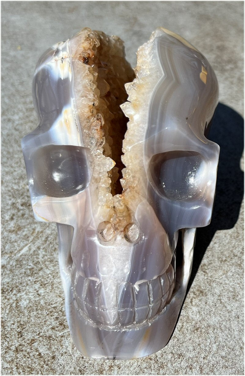 Fabulous Agate GEODE Crystal Skull with Citrine Lined Vug, Hematite, Dendritic inclusions