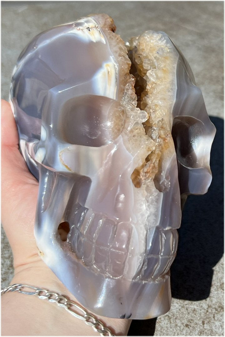 Fabulous Agate GEODE Crystal Skull with Citrine Lined Vug, Hematite, Dendritic inclusions