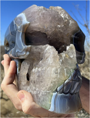 Huge AMETHYST GEODE Crystal Skull with Chlorite, Hematite, Dendritic inclusions, AMAZING Vugs - 20lbs+