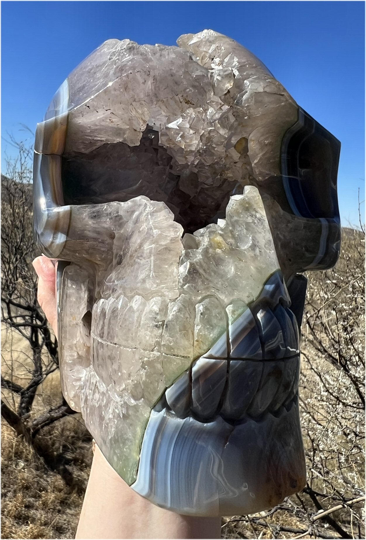 Huge AMETHYST GEODE Crystal Skull with Chlorite, Hematite, Dendritic inclusions, AMAZING Vugs - 20lbs+
