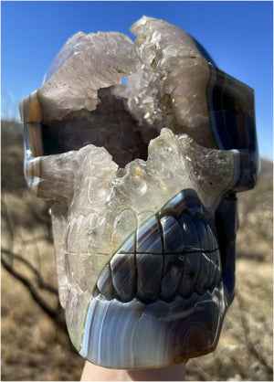 Huge AMETHYST GEODE Crystal Skull with Chlorite, Hematite, Dendritic inclusions, AMAZING Vugs - 20lbs+
