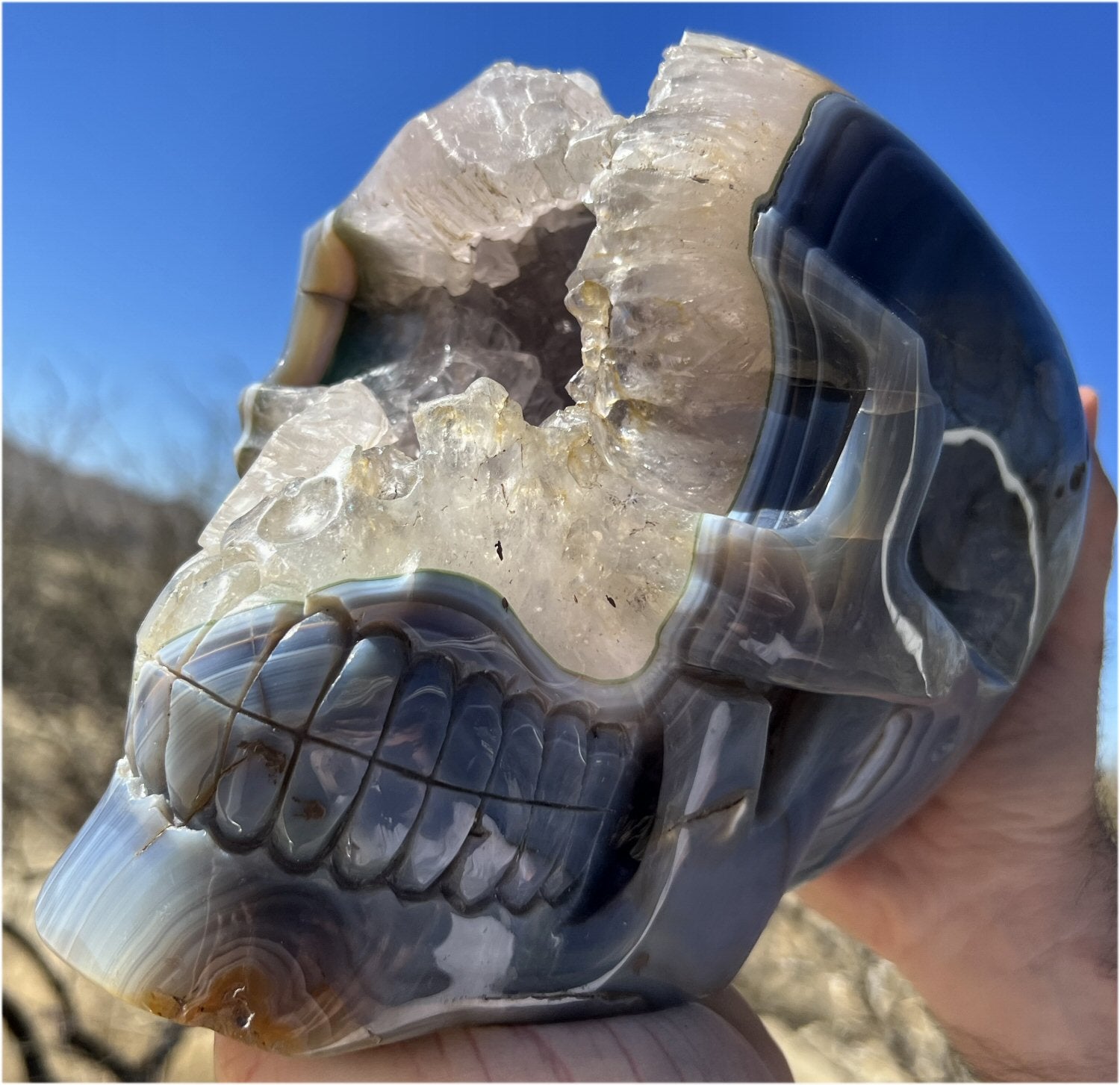 Huge AMETHYST GEODE Crystal Skull with Chlorite, Hematite, Dendritic inclusions, AMAZING Vugs - 20lbs+