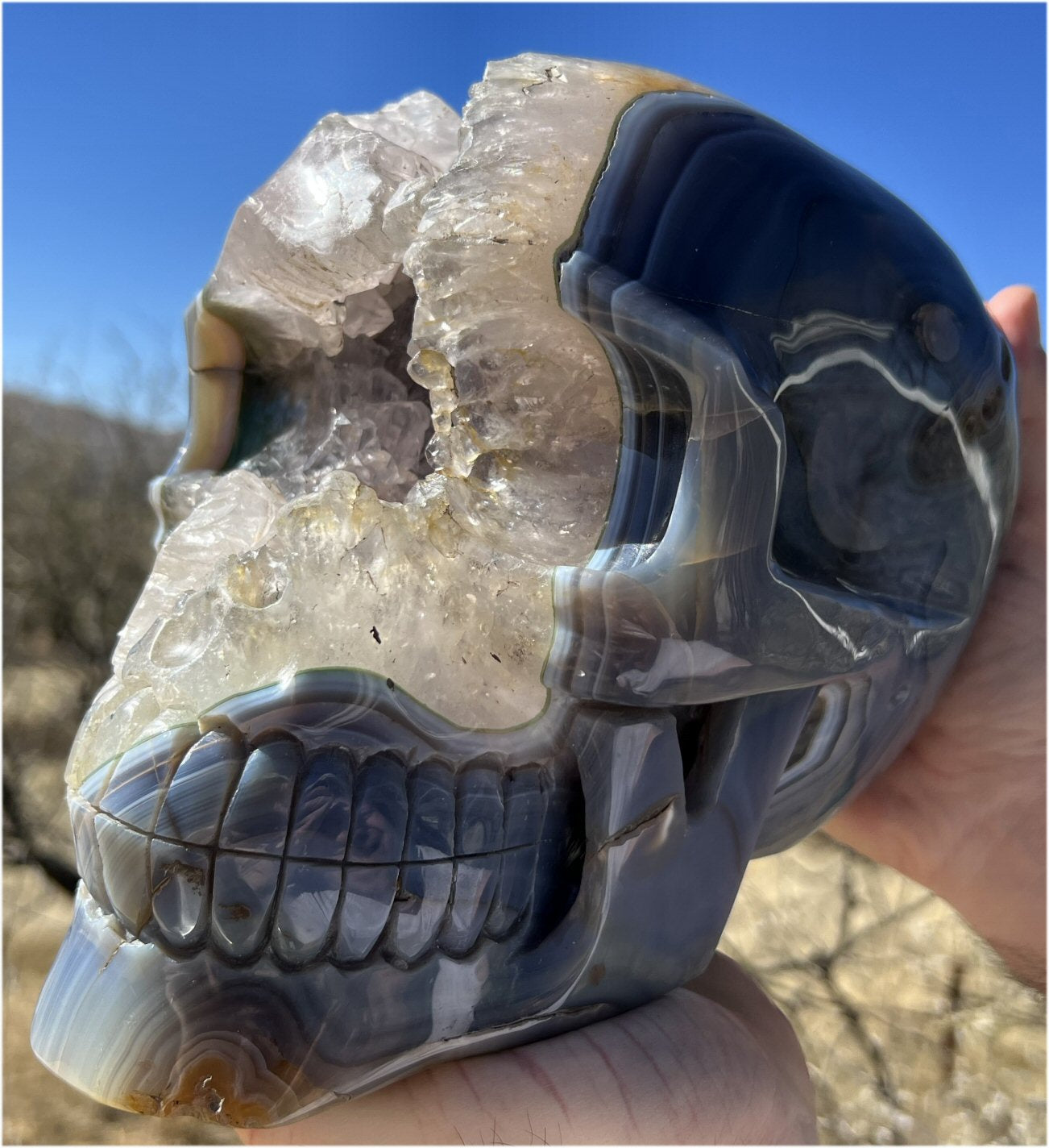 Huge AMETHYST GEODE Crystal Skull with Chlorite, Hematite, Dendritic inclusions, AMAZING Vugs - 20lbs+