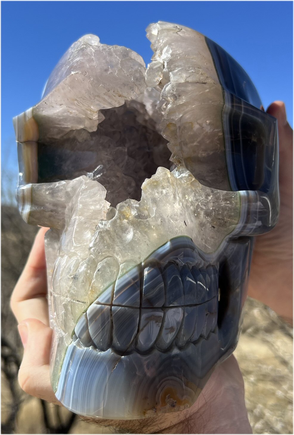 Huge AMETHYST GEODE Crystal Skull with Chlorite, Hematite, Dendritic inclusions, AMAZING Vugs - 20lbs+