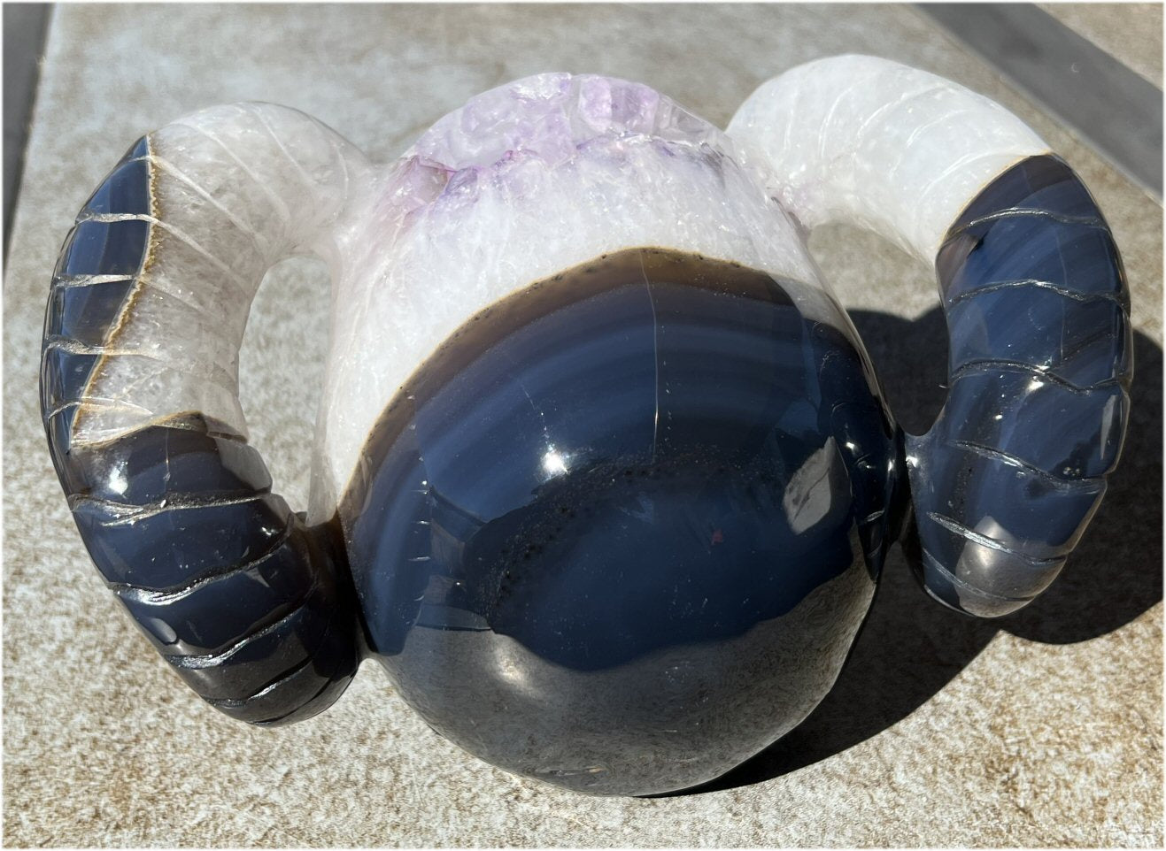 Amethyst Geode RAM Skull with Dendritic inclusions, Shimmery rainbows - Aries!