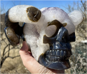 Amethyst Geode RAM Skull with Dendritic inclusions, Shimmery rainbows - Aries!