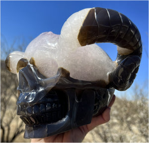 Amethyst Geode RAM Skull with Dendritic inclusions, Shimmery rainbows - Aries!