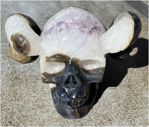 Amethyst Geode RAM Skull with Dendritic inclusions, Shimmery rainbows - Aries!