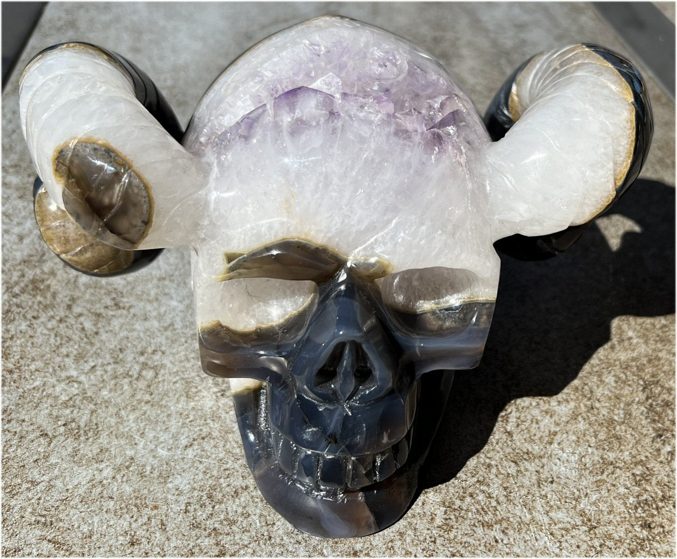 Amethyst Geode RAM Skull with Dendritic inclusions, Shimmery rainbows - Aries!