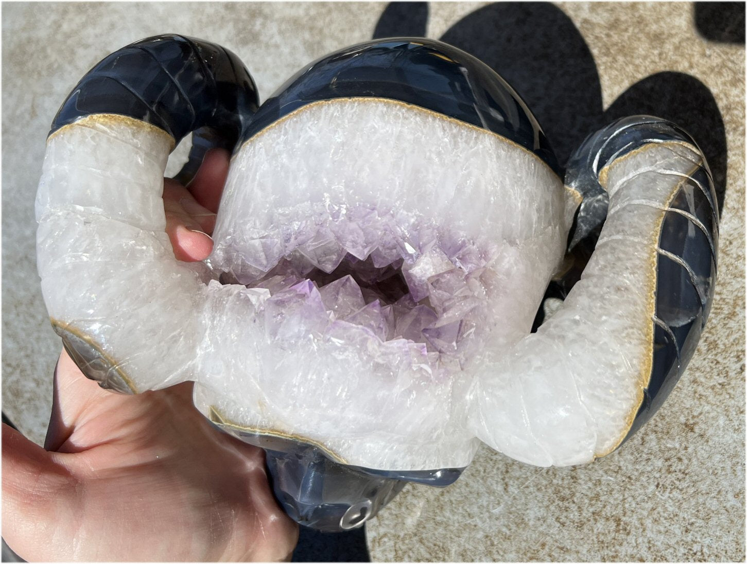 Amethyst Geode RAM Skull with Dendritic inclusions, Shimmery rainbows - Aries!