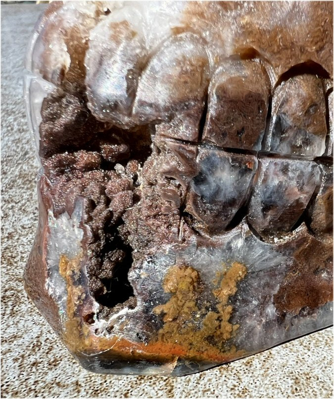Stunning LifeSize AMETHYST GEODE Crystal Skull with Lots of Hematite, Vugs, Mesmerizing Crystalline Structure