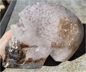 Stunning LifeSize AMETHYST GEODE Crystal Skull with Lots of Hematite, Vugs, Mesmerizing Crystalline Structure