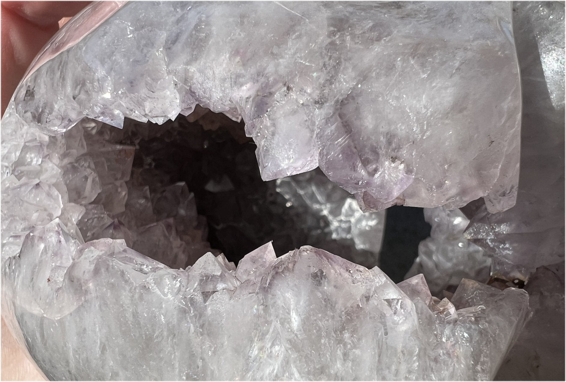 Stunning LifeSize AMETHYST GEODE Crystal Skull with Lots of Hematite, Vugs, Mesmerizing Crystalline Structure