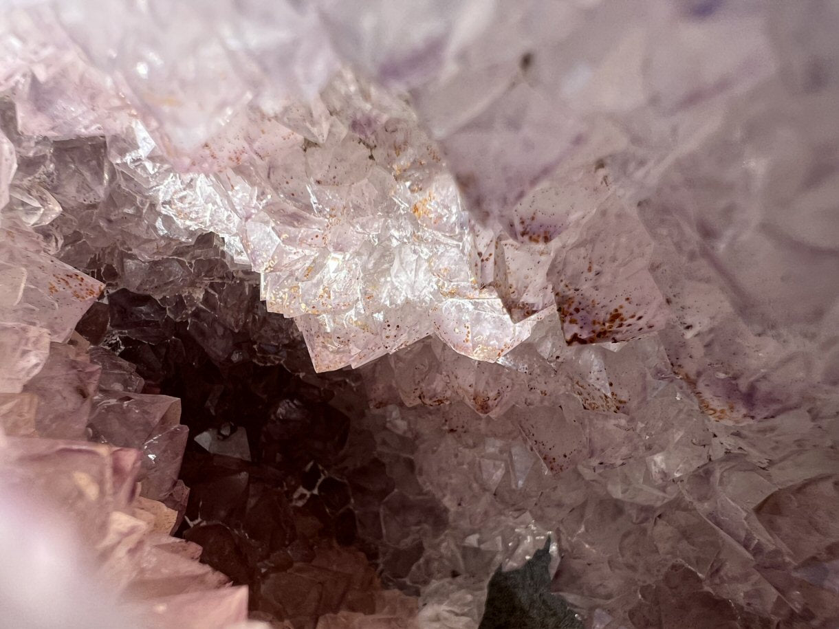 Stunning LifeSize AMETHYST GEODE Crystal Skull with Lots of Hematite, Vugs, Mesmerizing Crystalline Structure